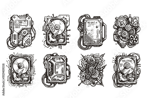 Cyberpunk Hard Drive Intricate Mechanical Device Gears Cables Industrial Sci-Fi Technical Concept Art Technology