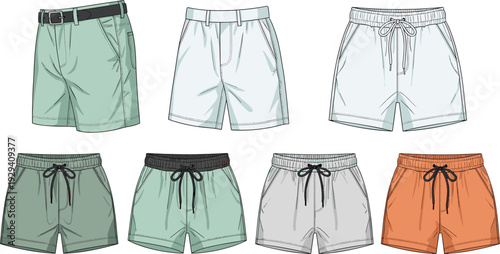 Seven Different Styles of Shorts in Various Colors and