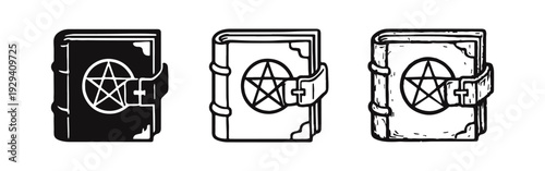 Magic Spell Book with Pentagram Symbol Icons Set. Grimoire with Occult Sign and Buckle Vector Illustration.