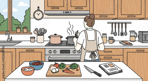 Woman cooking in modern kitchen with wooden cabinets and white countertops preparing vegetables on cutting board