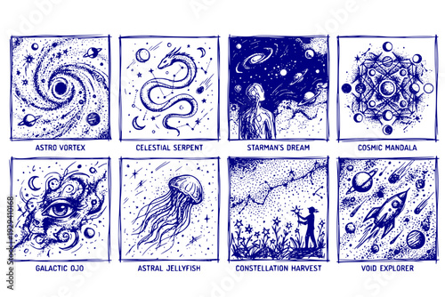 Cosmic Surrealism Dotwork Illustrations Set Stipple Effect Celestial Abstract Imagery Surreal Art Universe