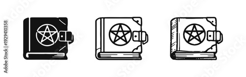 Magic Spell Book with Pentagram Icons Set. Occult Grimoire with Pagan Symbol and Buckle Vector Illustration.