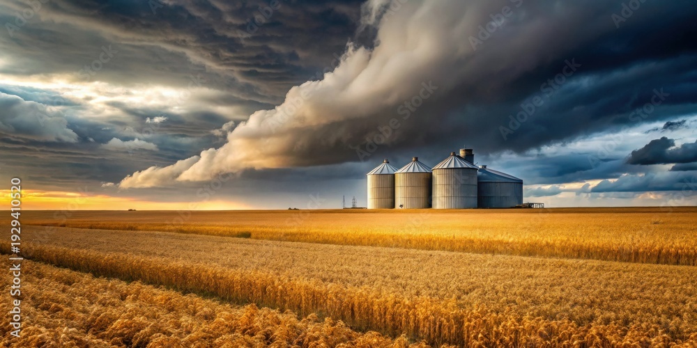 Fototapeta premium Golden Wheat Field Under a Dramatic Sky with Grain Silos