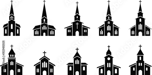 Church silhouettes collection, christian chapel and cathedral buildings, religious architecture vector icons isolated on white background for design