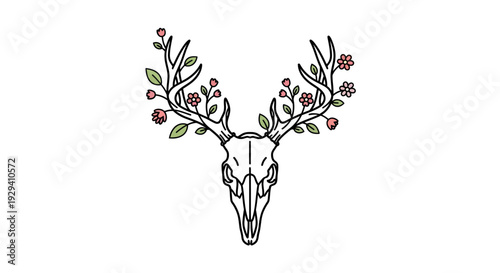 Deer Skull with Floral Antlers Illustration.