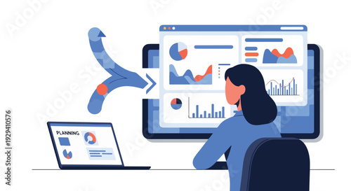 Businesswoman analyzing financial data and charts on a computer screen for strategic planning and decision making