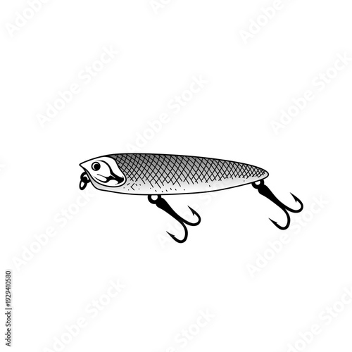 hand drawn fishing jerkbait lure with treble hooks line art vector illustration