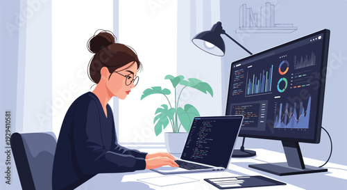 Woman analyzing data and coding on laptop with a large monitor displaying charts, representing business intelligence, software development, and remote work productivity.