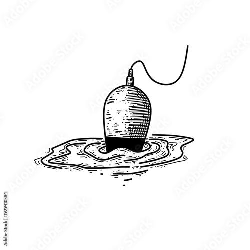 hand drawn fishing float bobber on water line art vector illustration