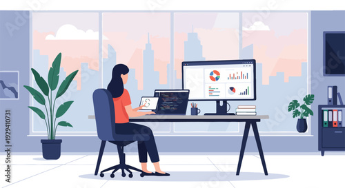 Modern professional female employee working remotely on multiple devices, analyzing data and coding in a sleek office environment with a city view.