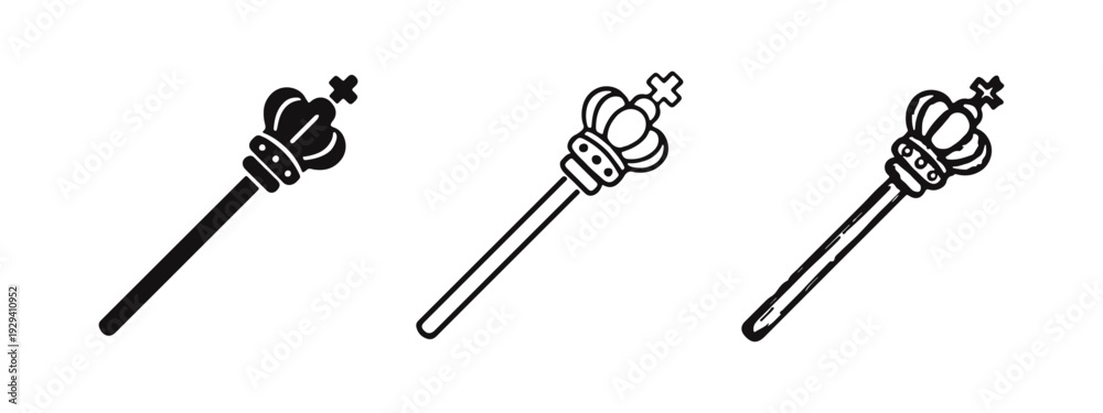 Naklejka premium Royal Scepter with Crown Icons Set. King or Queen Monarch Authority Symbol Vector Illustration in Different Styles.