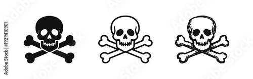 Skull and Crossbones Emblem Icons Set. Pirate Flag, Danger, or Death Symbol Vector Illustration in Various Styles.