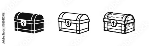 Isometric Treasure Chest Icons Set. Closed Wooden Box with Lock and Keyhole Vector Graphic for Gaming and Web Design.