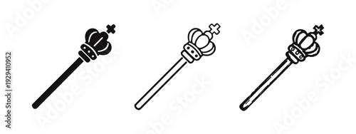 Royal Scepter with Crown Icons Set. King or Queen Monarch Authority Symbol Vector Illustration in Different Styles.