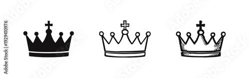 Simple Crown Icon Set with Cross in Solid, Outline, and Sketch Styles