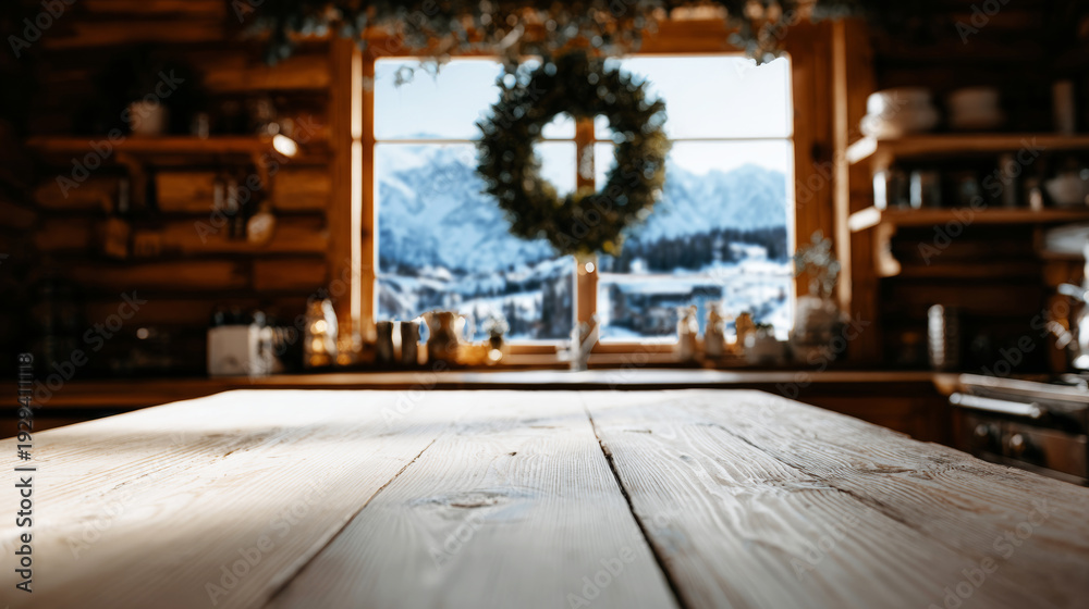 Obraz premium Cozy cabin interior presenting a rustic wooden tabletop against a festive winter mountain view