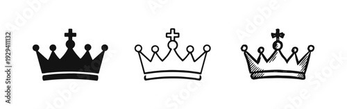 Royal Crown with Cross Icons Set. King or Queen Monarch Symbol Vector Illustration in Solid, Outline, and Sketch Style.