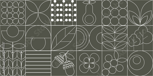 Modern Abstract Tile Pattern with Leaves and Flowers