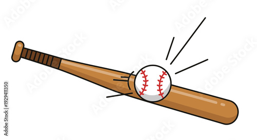 Cartoon baseball bat hitting ball, dynamic sport game illustration, energetic action, isolated white background.