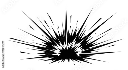 Stylized explosion burst comic effect, abstract energy radial lines, graphic element, isolated white background.