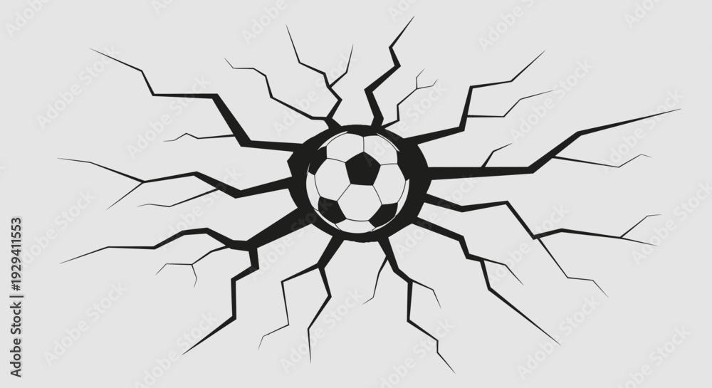 Fototapeta premium Soccer Ball Impacting Ground and Creating Cracks on Gray Background, Dynamic Sports Power Concept, in bright studio