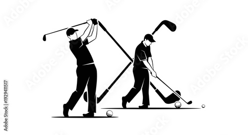 Two Golfers Swinging Clubs and Hitting Balls, Active Sport Recreation, isolated white background