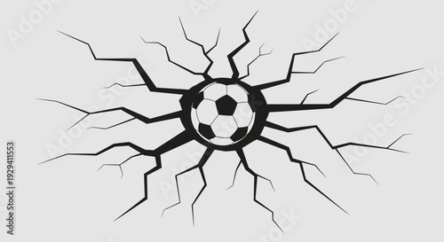 Soccer Ball Impacting Ground and Creating Cracks on Gray Background, Dynamic Sports Power Concept, in bright studio