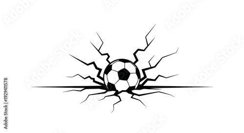 Soccer Ball Impacting Ground and Creating Cracks, Dynamic Sports Power Concept, isolated white background
