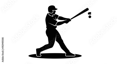 Dynamic Silhouette of Baseball Player Batting, Swinging a Bat with Force, isolated white background