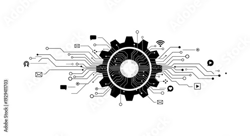 Central Gear with Integrated Circuit Board and Technology Elements, Isolated White Background