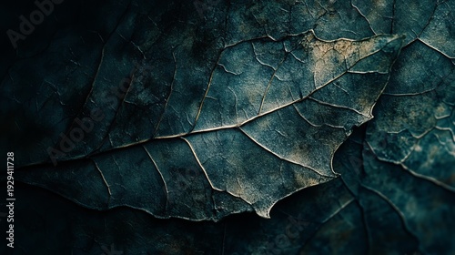 Macro shot of dark textured leaf with intricate veins and subtle lighting