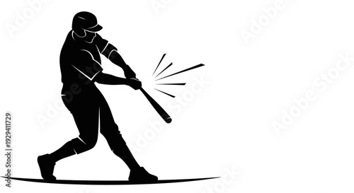 Silhouette of Baseball Player Batting Action, Isolated White Background
