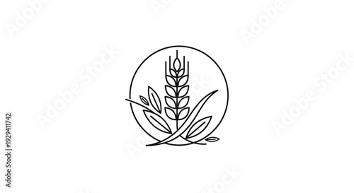 Minimalist Wheat Stalks and Grain in Circle Logo Design, Isolated White Background, Organic Farming Concept