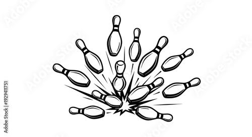 Bowling Pins Scattering with Impact Burst in Center, line art style, isolated white background.