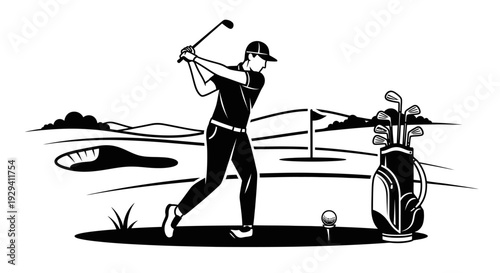 Golfer Swinging Club on a Golf Course with Bag and Flag, black and white graphic.