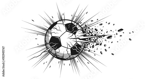 Soccer Ball Exploding and Shattering with Dynamic Impact Lines, isolated white background.