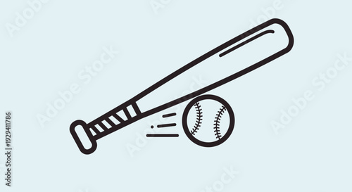 Baseball Bat and Ball, simple line art icon on light blue background.