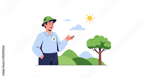 Eco-Friendly Man Presenting Nature & Sustainability. Green Living Concept with Environmentalist and Tree Hills Illustration.