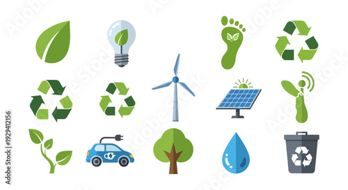 Eco-Friendly & Sustainable Energy Icons Set: Green Technology, Recycling, Nature & Conservation Symbols