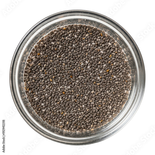 Chia seeds in a glass jar top view