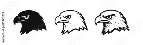 Fierce Eagle Head Profile Icon Set Facing Left in Solid, Outline, and Sketch Styles