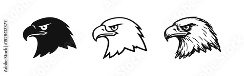 Fierce Eagle Head Profile Icon Set Facing Right in Solid, Outline, and Sketch Styles