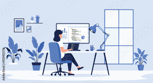 Woman programmer working on laptop and desktop computer at home office with plants and window