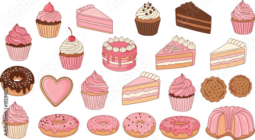 Cute pink bakery dessert collection, cupcakes donuts cakes and cookies vector illustration, sweet cartoon pastry set isolated