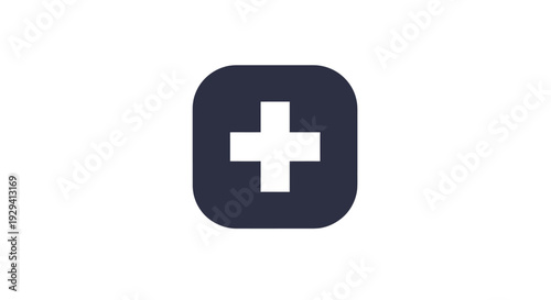 White Plus Sign on Dark Blue Square.