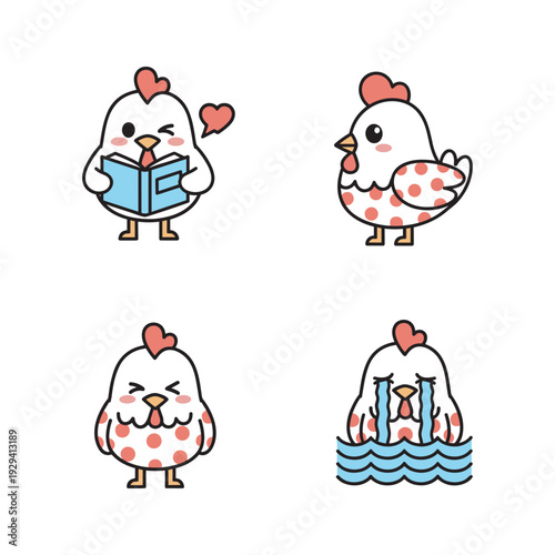 Cute cartoon chickens with different emotions and activities on white background