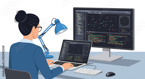 Professional female programmer working on laptop with dual monitors, coding software, developing applications, analyzing data, and remote work technology concept illustration.