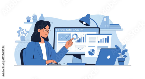 Professional woman analyzing critical data insights on computer screens, managing business analytics and financial reports in a modern office environment.