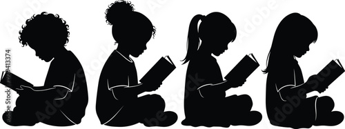 Children reading book silhouettes set, kids sitting and studying collection isolated on white background vector illustrationChildren reading book silhouettes 