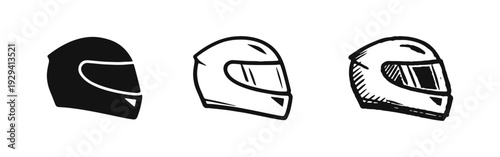 Motorcycle Helmet Icons Set: Silhouette, Outline, and Hand-Drawn Styles for Safety and Motorcycling